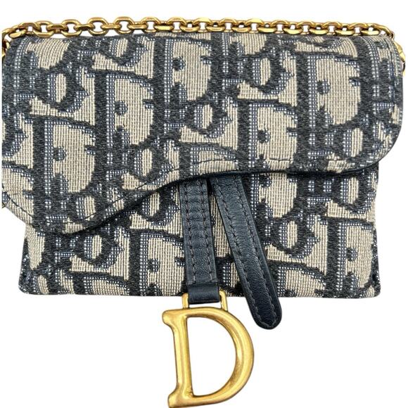 Christian Dior Oblique Nano Saddle Chain Pouch Blue On Beige Monogram 2020 - Picture 2 of 8